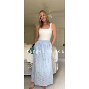 Universal thread Light Blue Eyelet Midi Skirt Elastic Waist Scalloped Hem large